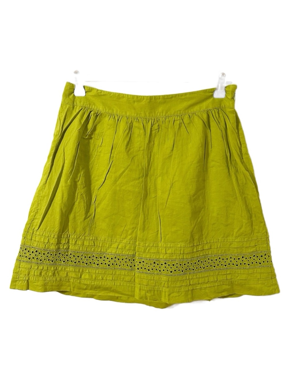 Ann Taylor LOFT Lime Green Eyelet Hem A-Line Mini Skirt 100% Cotton Fully Lined